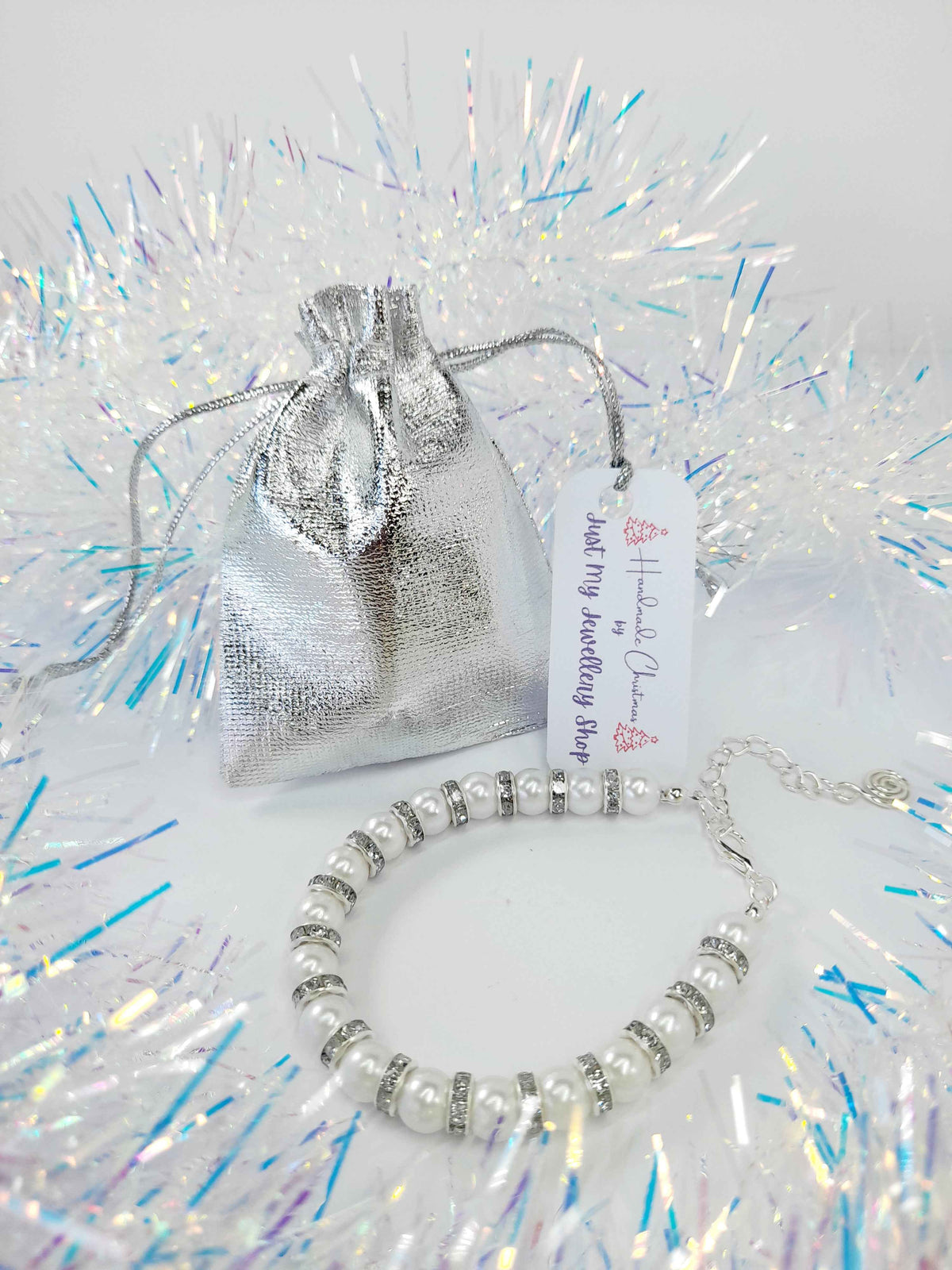 White Pearl and Silver Rhinestone Christmas Bracelet
