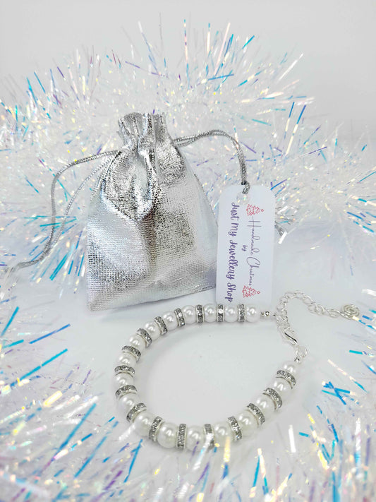 White Pearl and Silver Rhinestone Christmas Bracelet