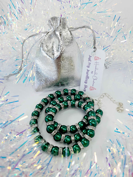Green Pearl and Silver Rhinestone Christmas Necklace