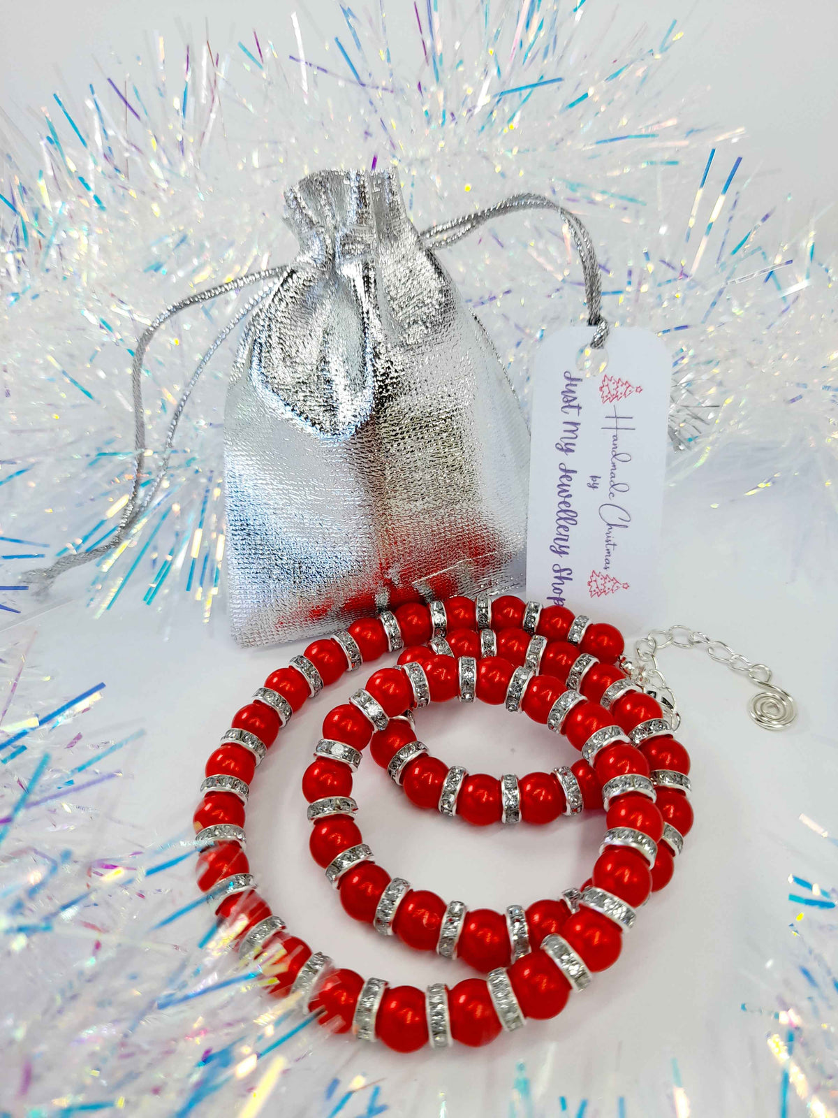 Red Pearl and Silver Rhinestone Christmas Necklace
