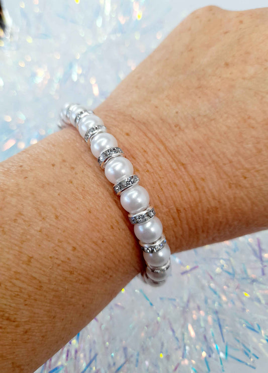 White Pearl and Silver Rhinestone Christmas Bracelet