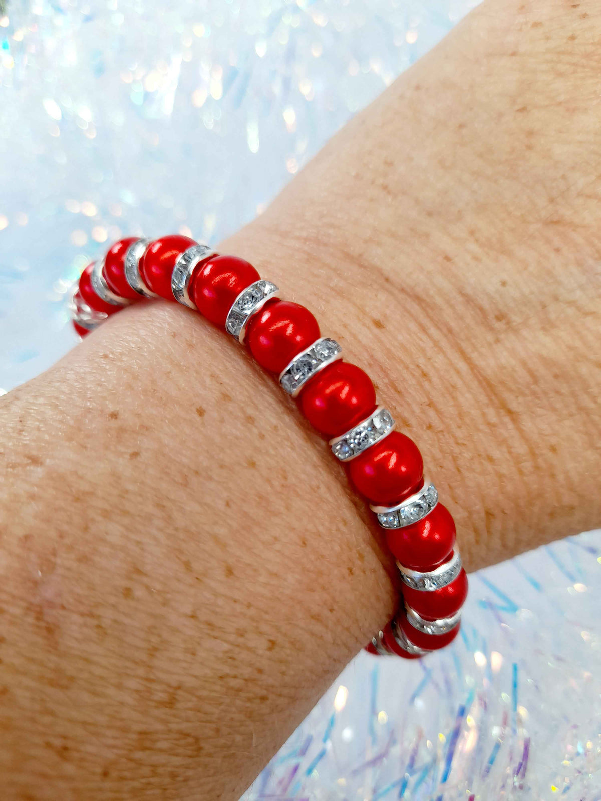 Red Pearl and Rhinestone Christmas Bracelet
