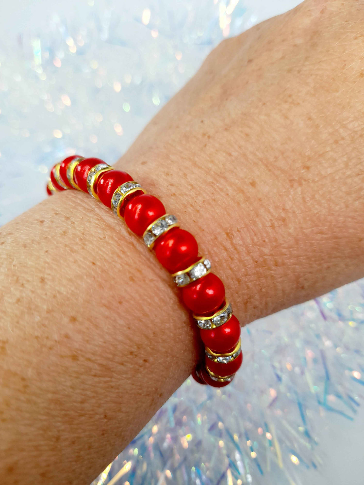 Red Pearl and Gold Rhinestone Christmas Bracelet
