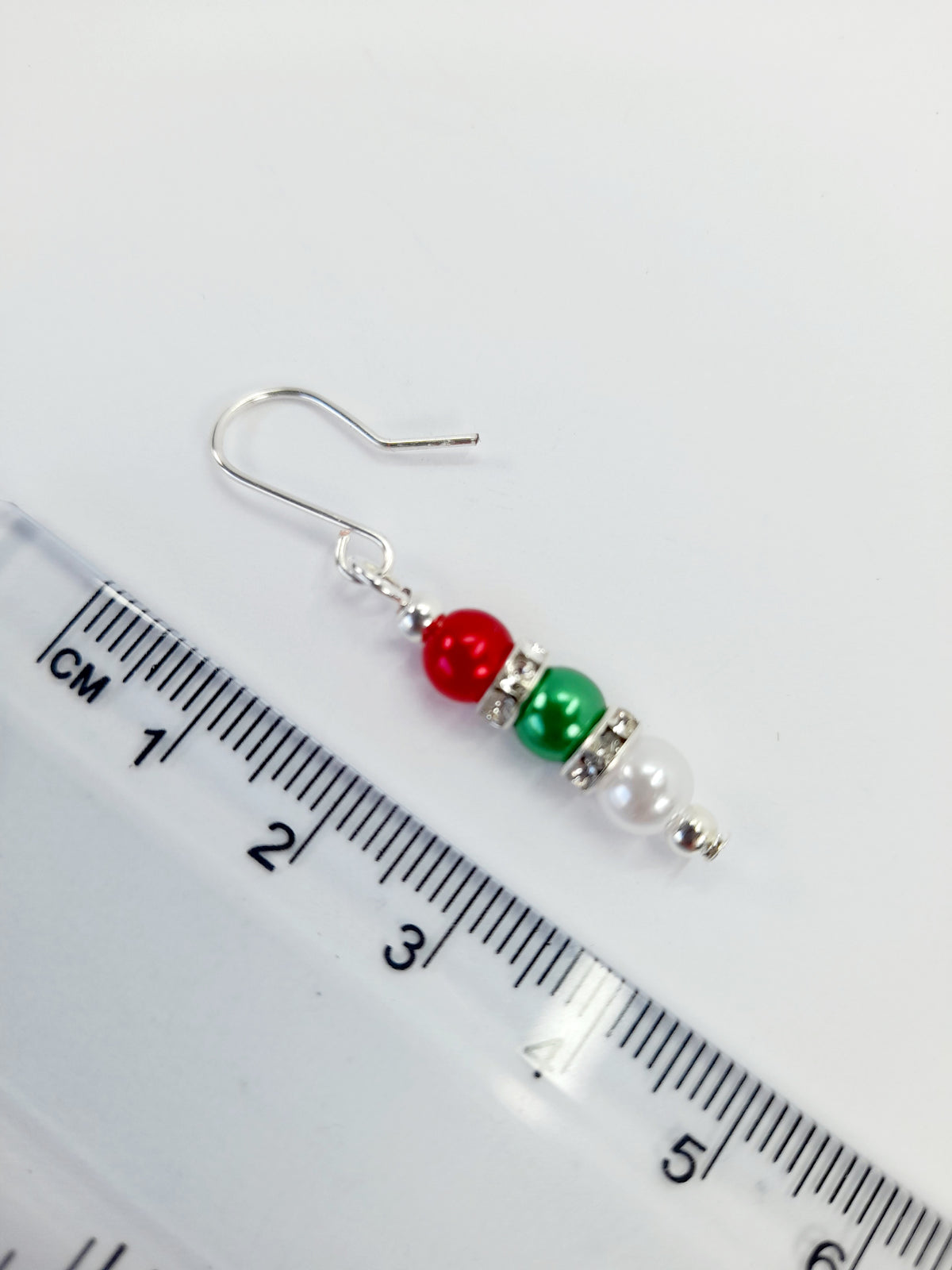 Christmas Pearl Drop Earrings in Red White and Green with Rhinestone Spacers - Just My Jewellery Shop