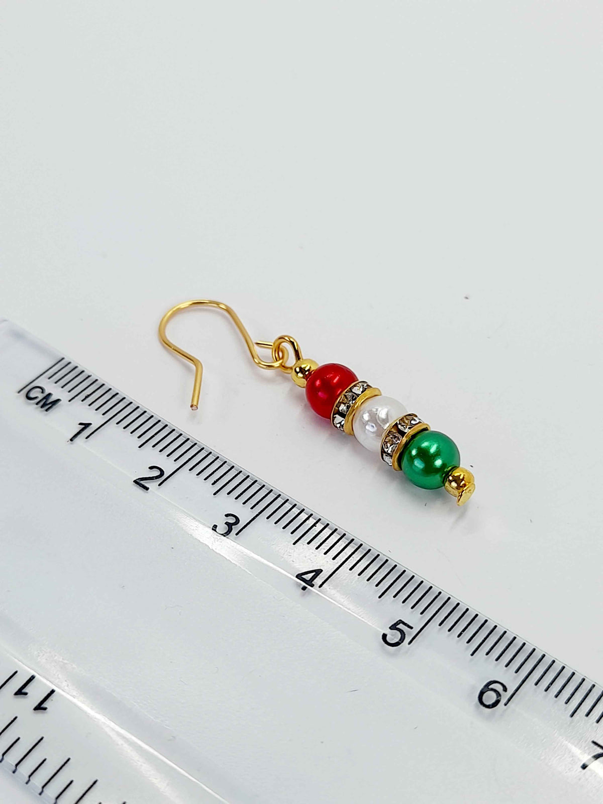 Christmas Pearl Drop Earrings in Red White and Green with Gold Rhinestone Spacers