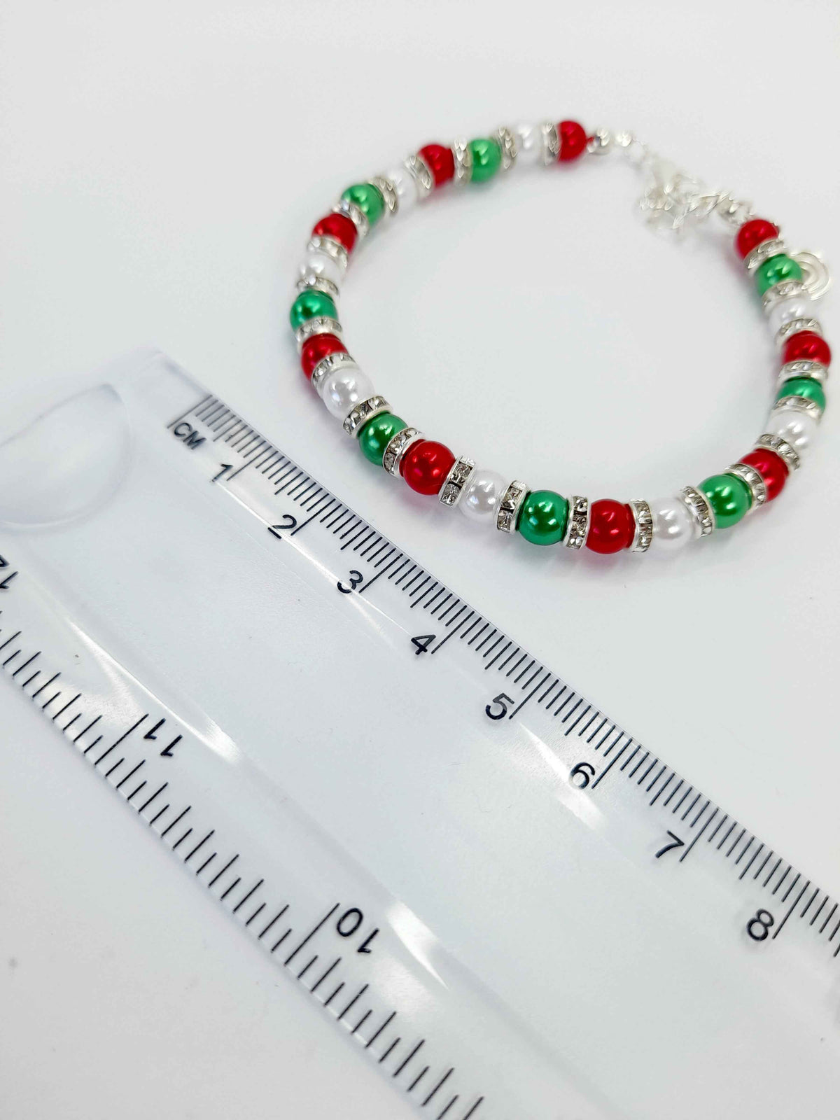 Christmas Pearl Bead Bracelet in Red White and Green with Rhinestone Spacers