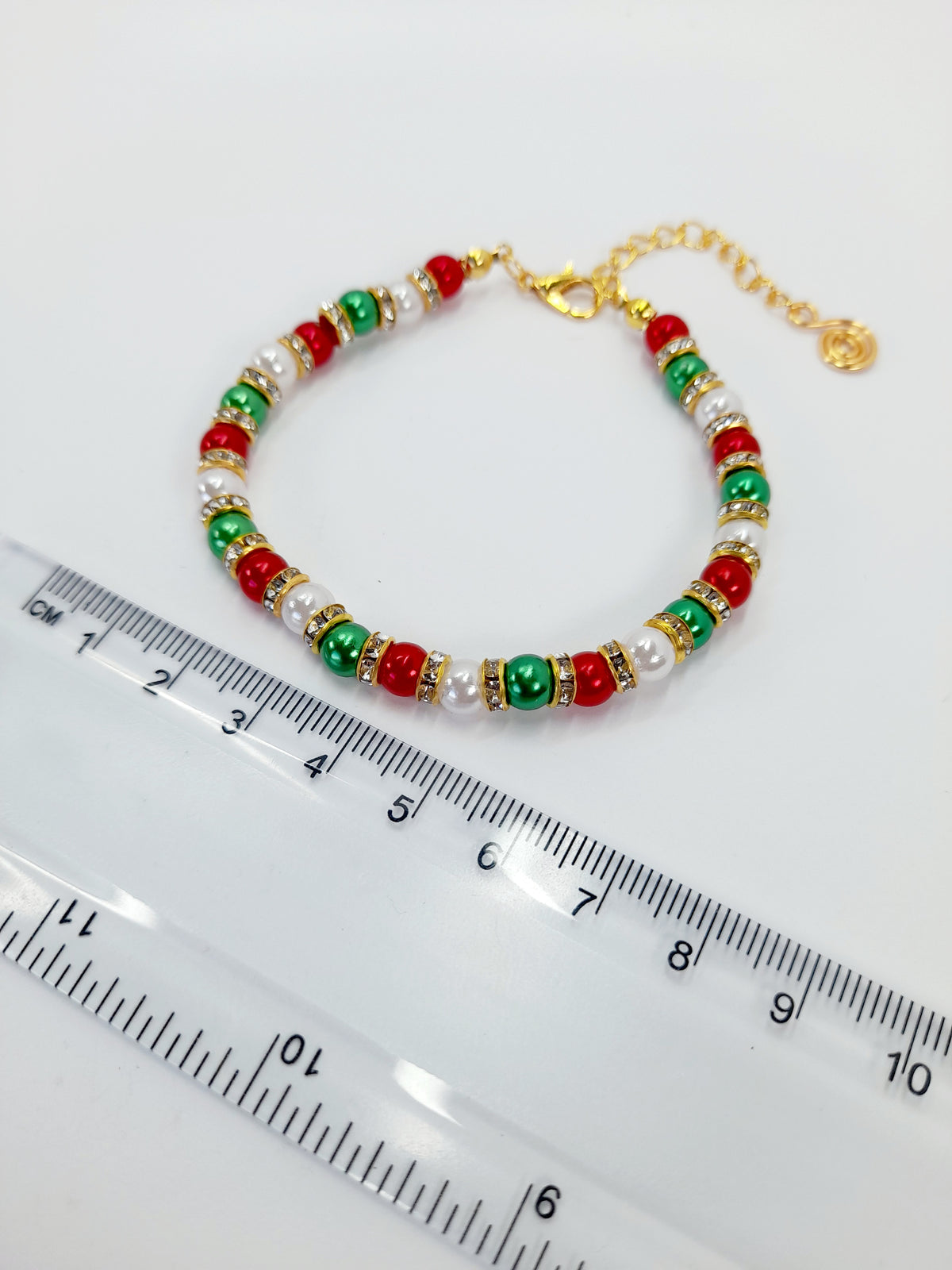 Christmas Pearl Bead Bracelet in Red White and Green with Gold Rhinestone Spacers - Just My Jewellery Shop