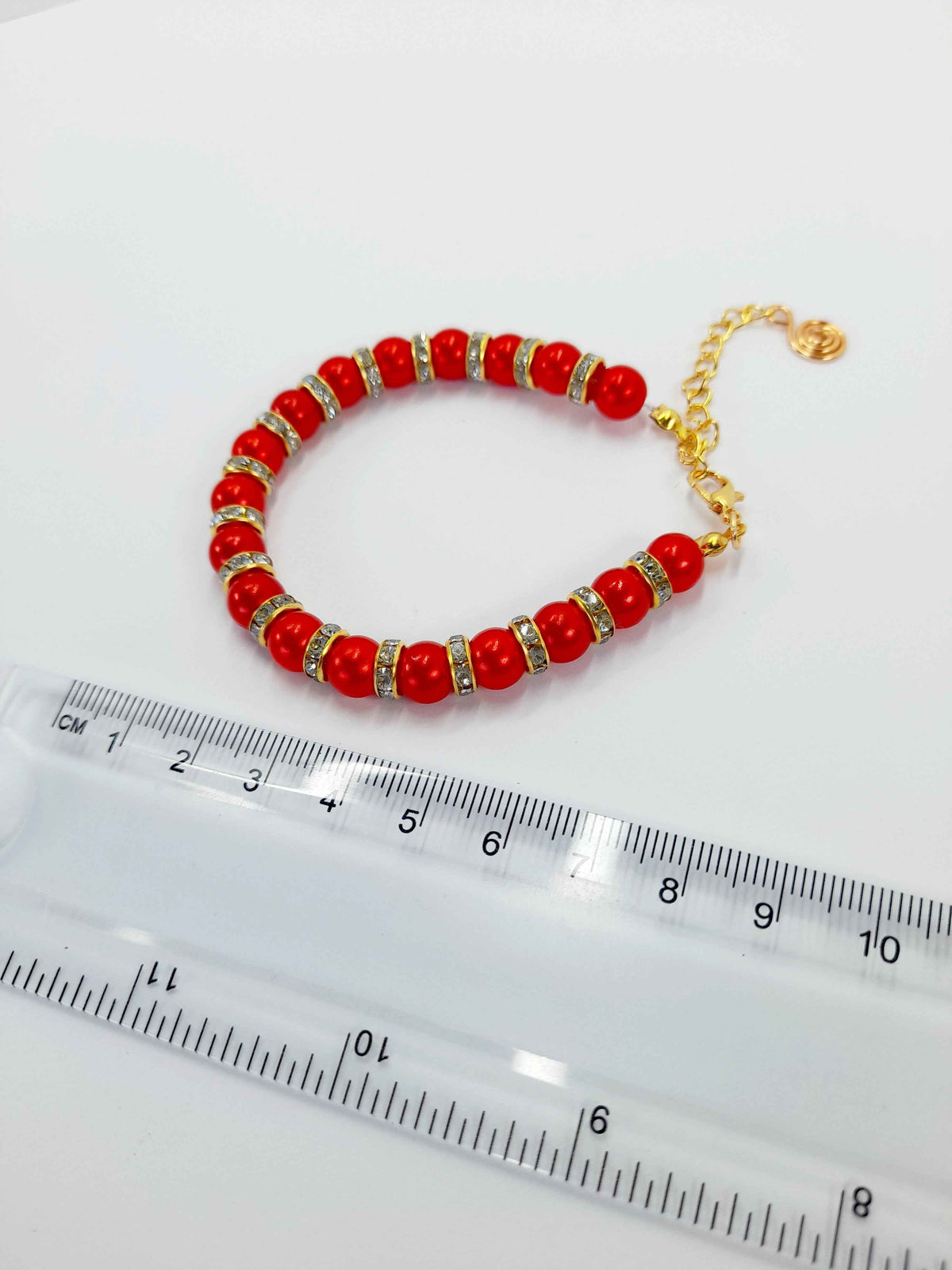 Red Pearl and Gold Rhinestone Christmas Bracelet