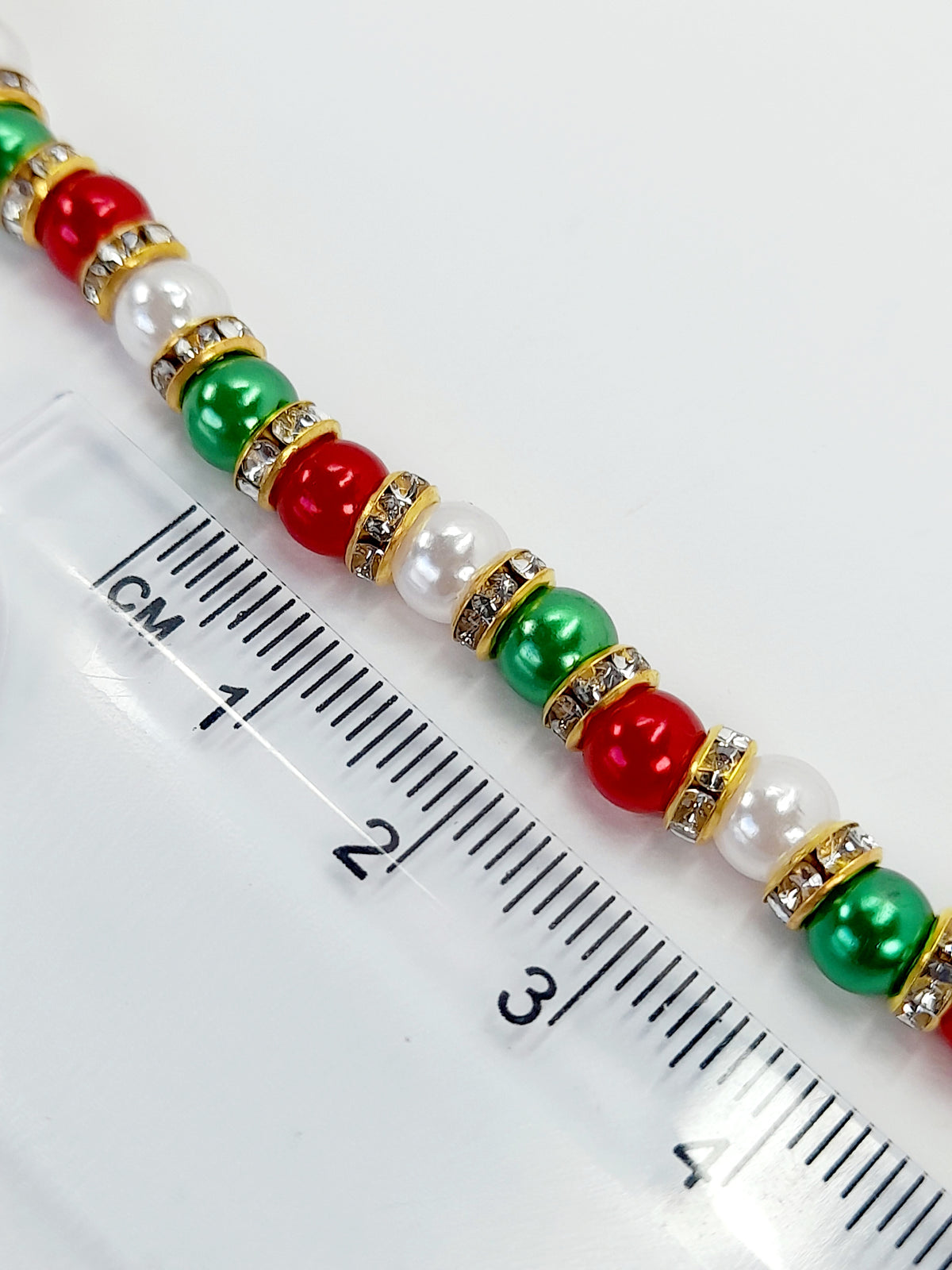 Christmas Pearl Bead Necklace in Red White and Green with Gold Rhinestone Spacers - Just My Jewellery Shop