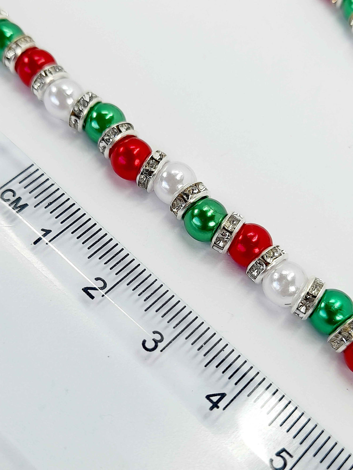Christmas Pearl Bead Necklace in Red White and Green with Rhinestone Spacers