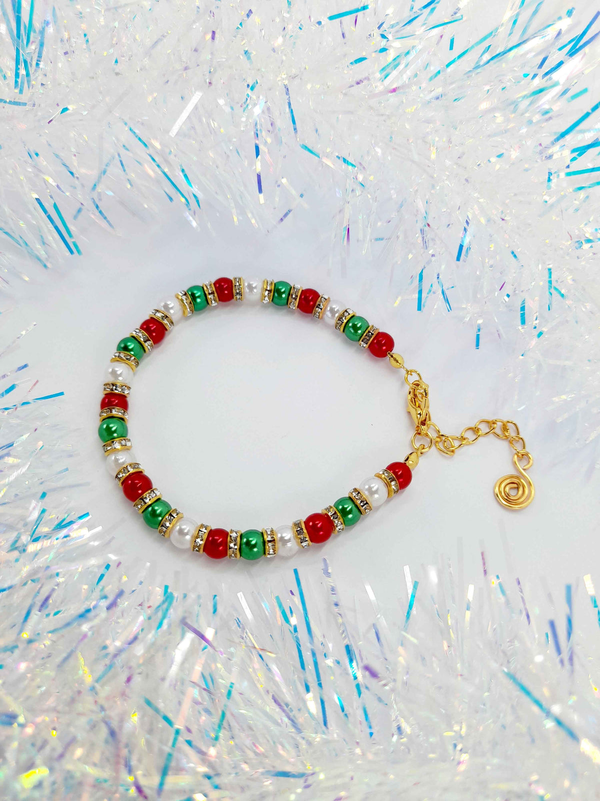 Christmas Pearl Bead Bracelet in Red White and Green with Gold Rhinestone Spacers