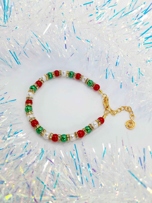 Christmas Pearl Bead Bracelet in Red White and Green with Gold Rhinestone Spacers