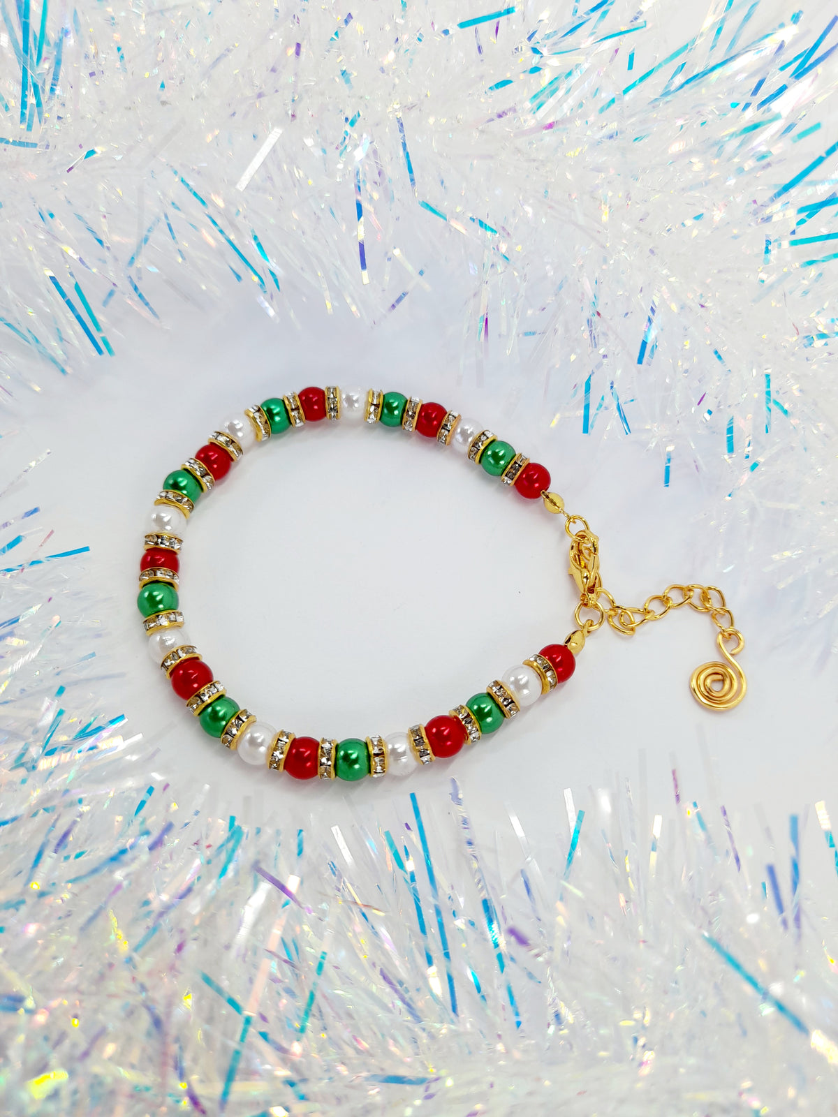 Christmas Pearl Bead Jewellery Set in Red White and Green with Gold Rhinestone Spacers - Just My Jewellery Shop