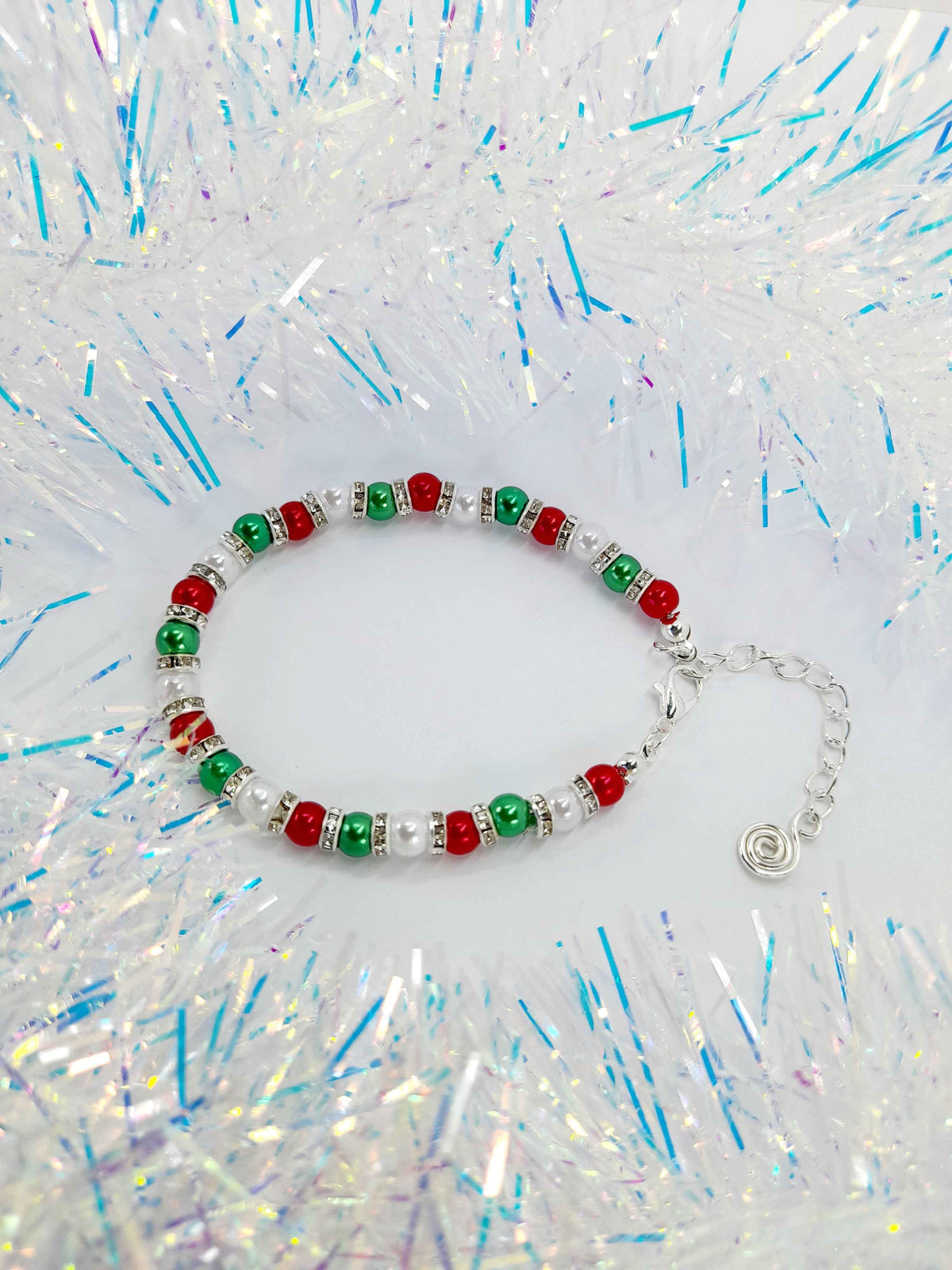 Christmas Pearl Bead Bracelet in Red White and Green with Rhinestone Spacers