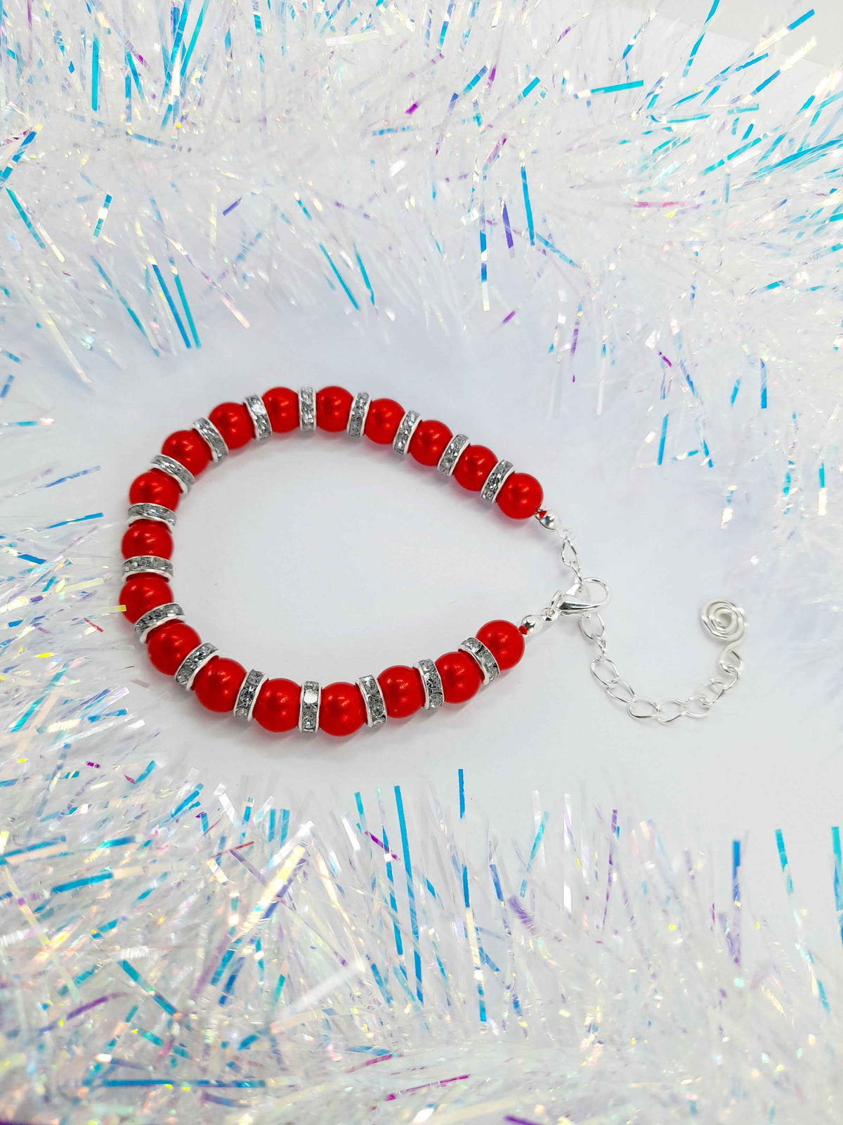 Red Pearl and Rhinestone Christmas Bracelet