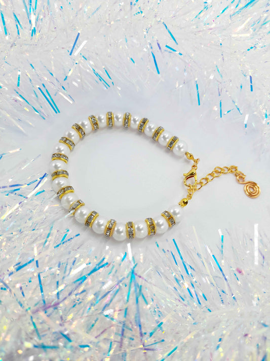 White Pearl and Gold Rhinestone Christmas Bracelet