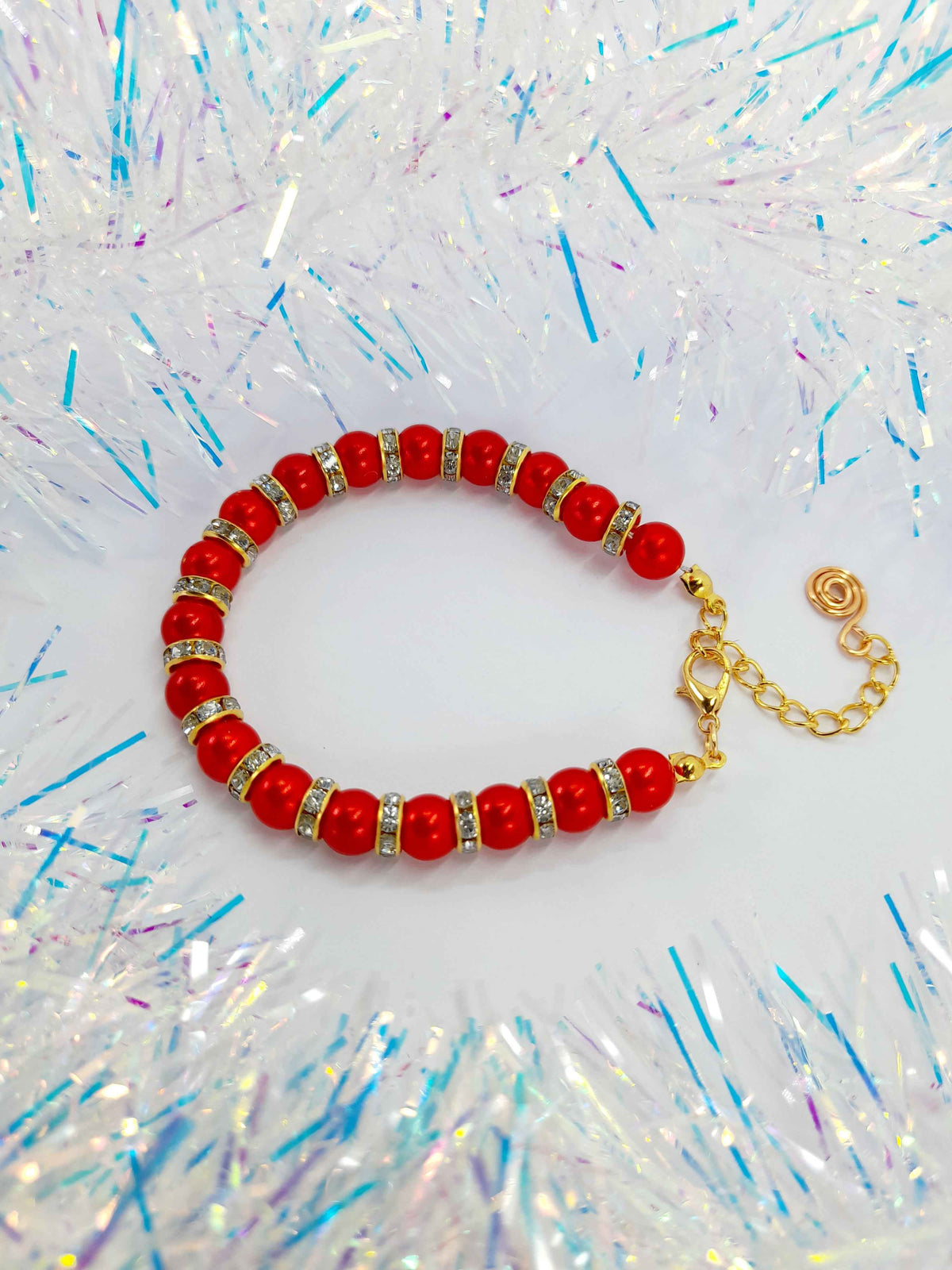 Red Pearl and Gold Rhinestone Christmas Bracelet