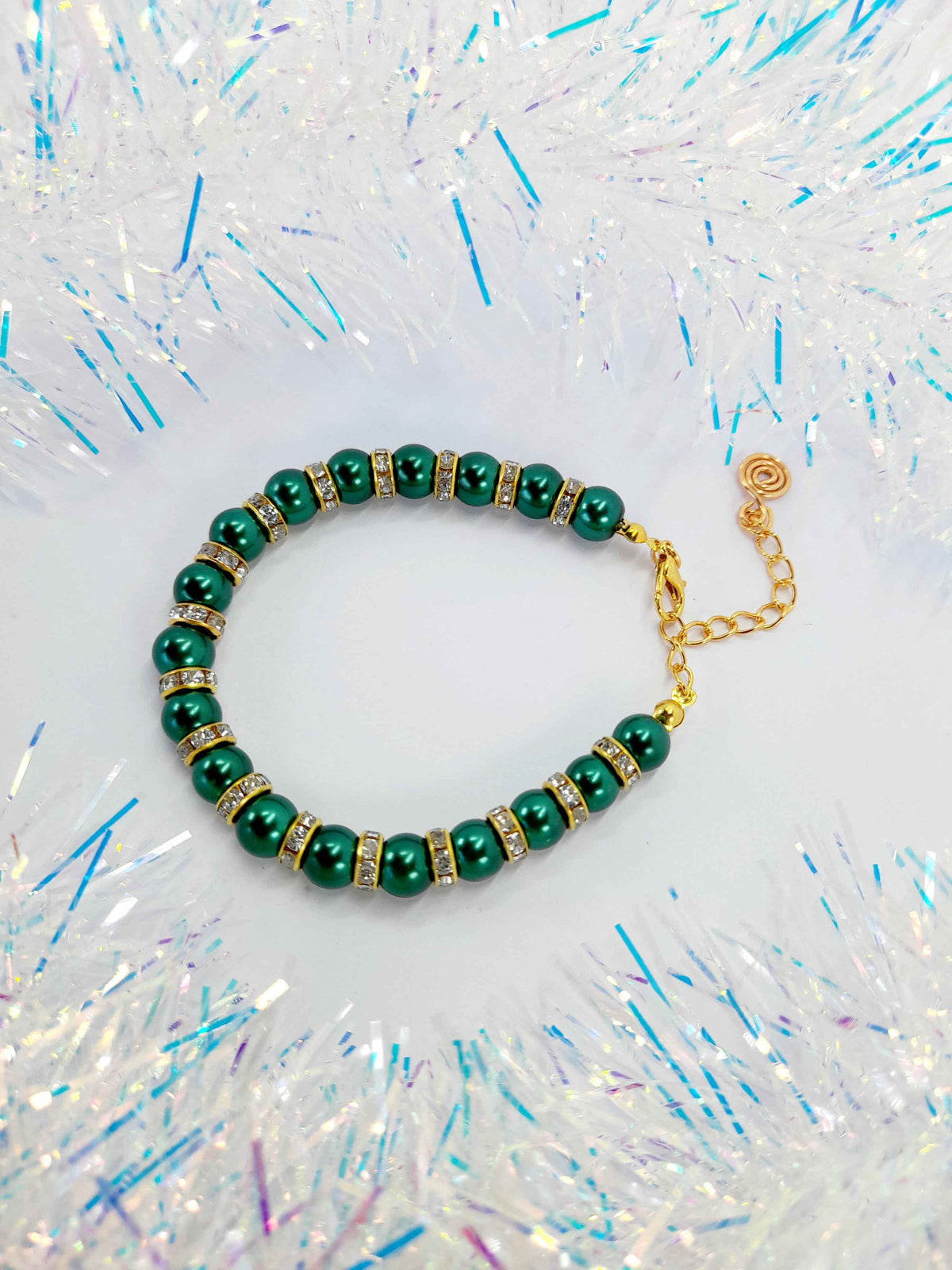 Green Pearl and Gold Rhinestone Christmas Bracelet