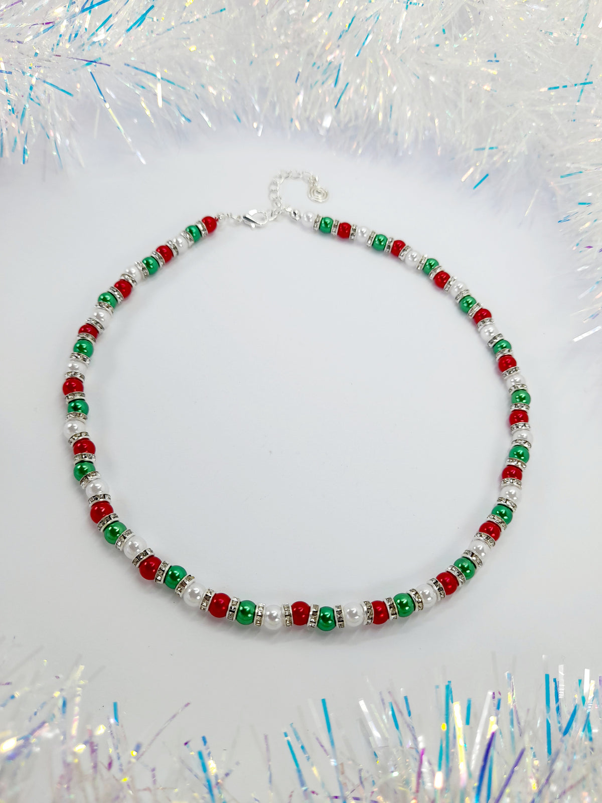 Christmas Pearl Bead Necklace in Red White and Green with Rhinestone Spacers - Just My Jewellery Shop