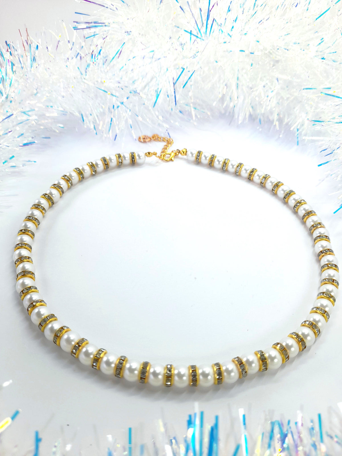 White Pearl and Gold Rhinestone Christmas Necklace - Just My Jewellery Shop