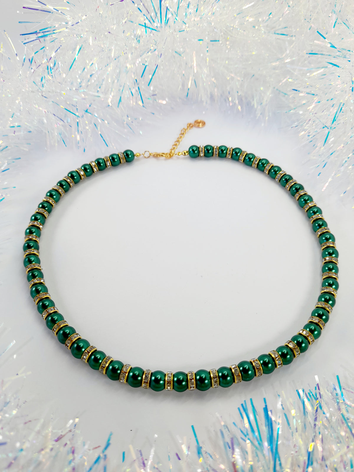 Green Pearl and Gold Rhinestone Christmas Necklace - Just My Jewellery Shop