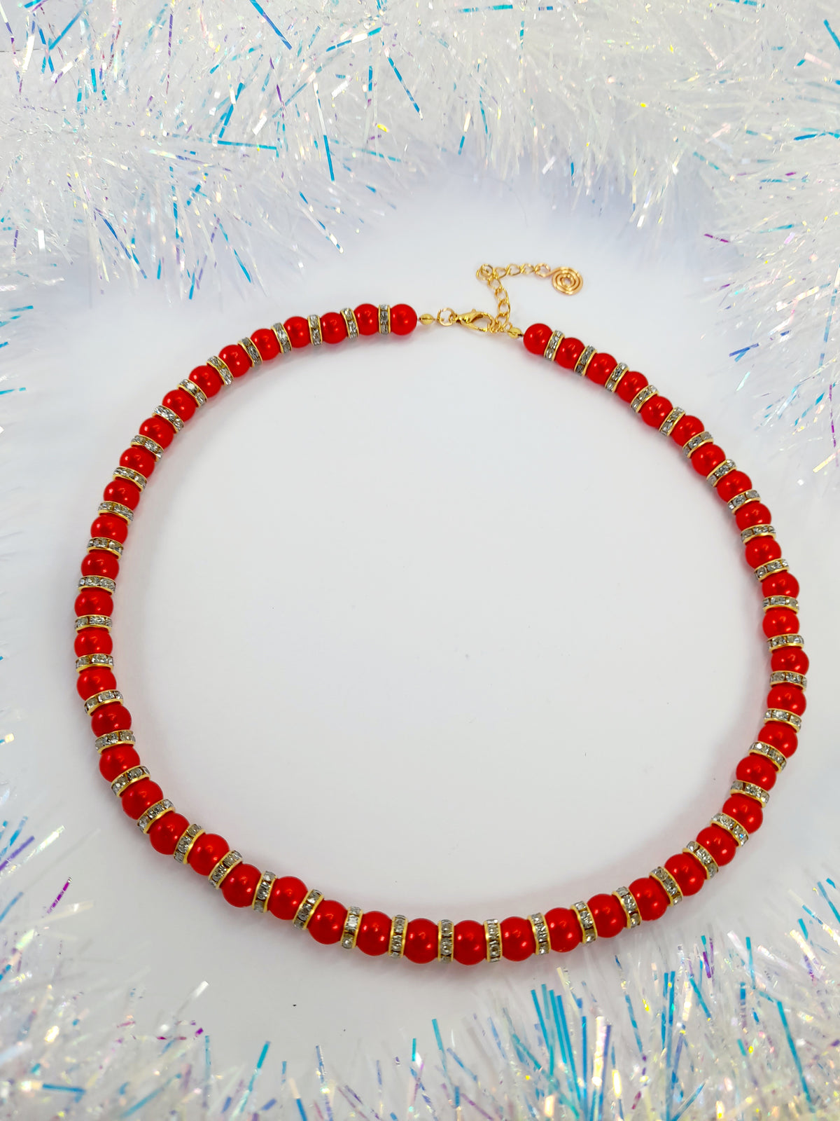 Red Pearl and Gold Rhinestone Christmas Necklace - Just My Jewellery Shop