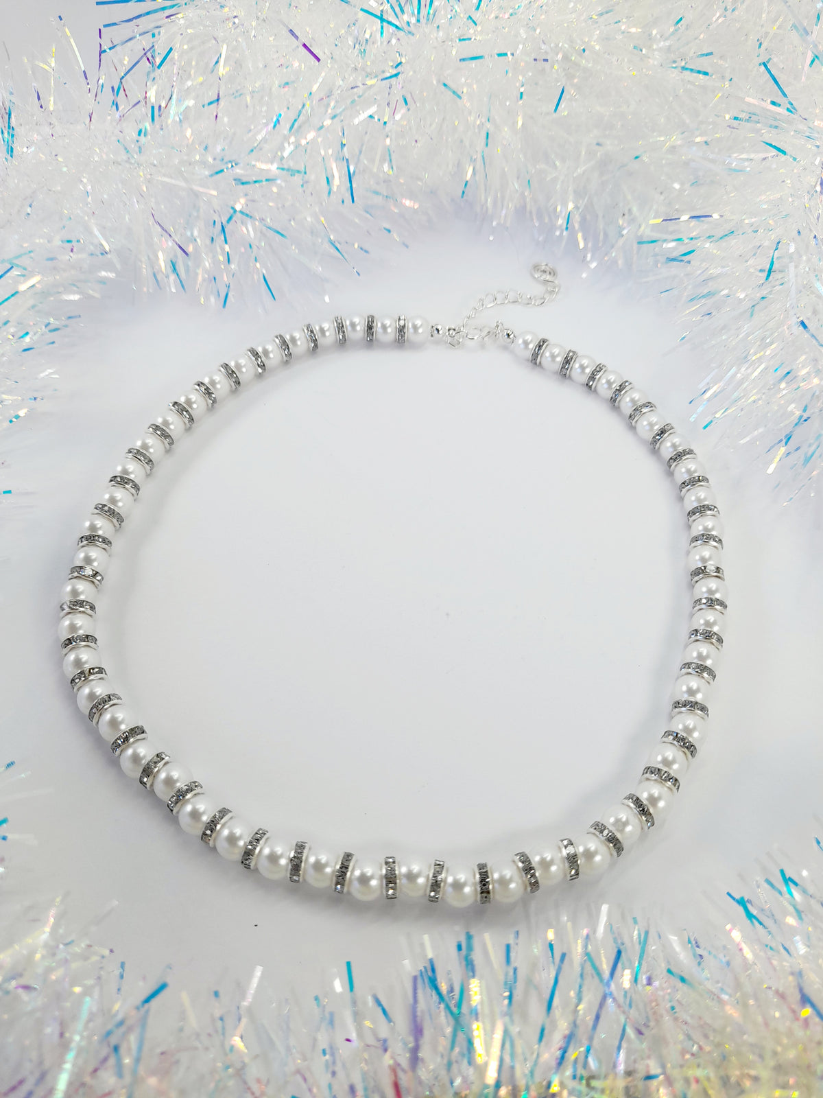 White Pearl and Silver Rhinestone Christmas Necklace - Just My Jewellery Shop