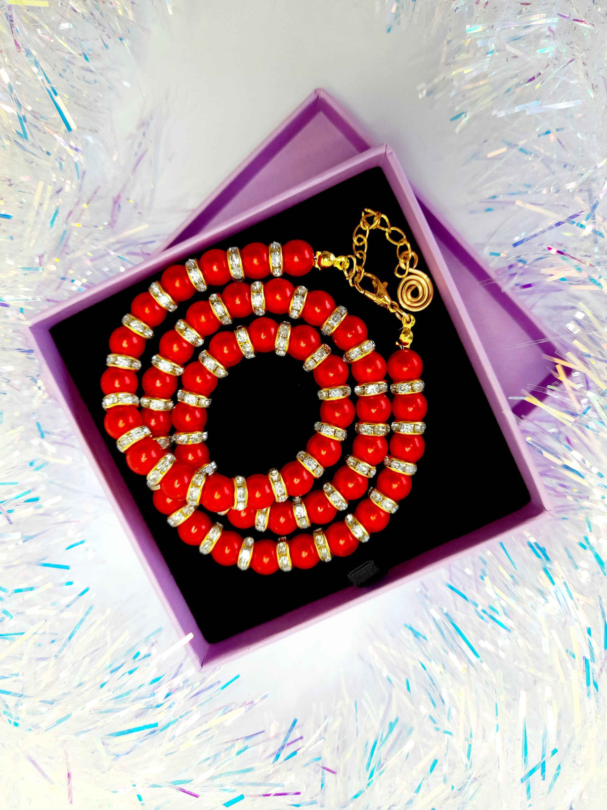 Red Pearl and Gold Rhinestone Christmas Necklace