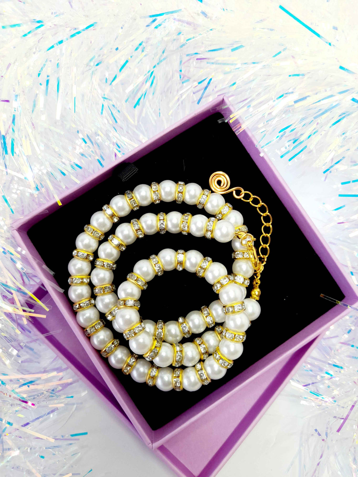 White Pearl and Gold Rhinestone Christmas Necklace