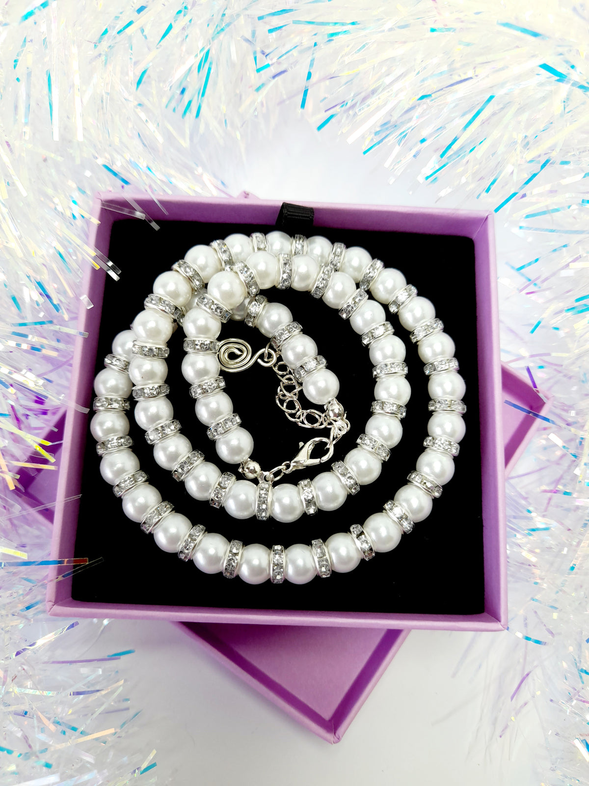 White Pearl and Silver Rhinestone Christmas Necklace - Just My Jewellery Shop