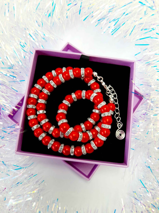 Red Pearl and Silver Rhinestone Christmas Necklace