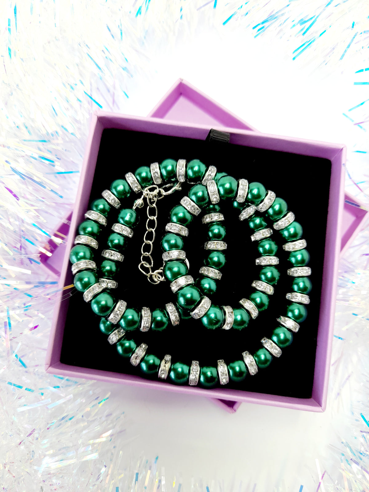 Green Pearl and Gold Rhinestone Christmas Necklace - Just My Jewellery Shop