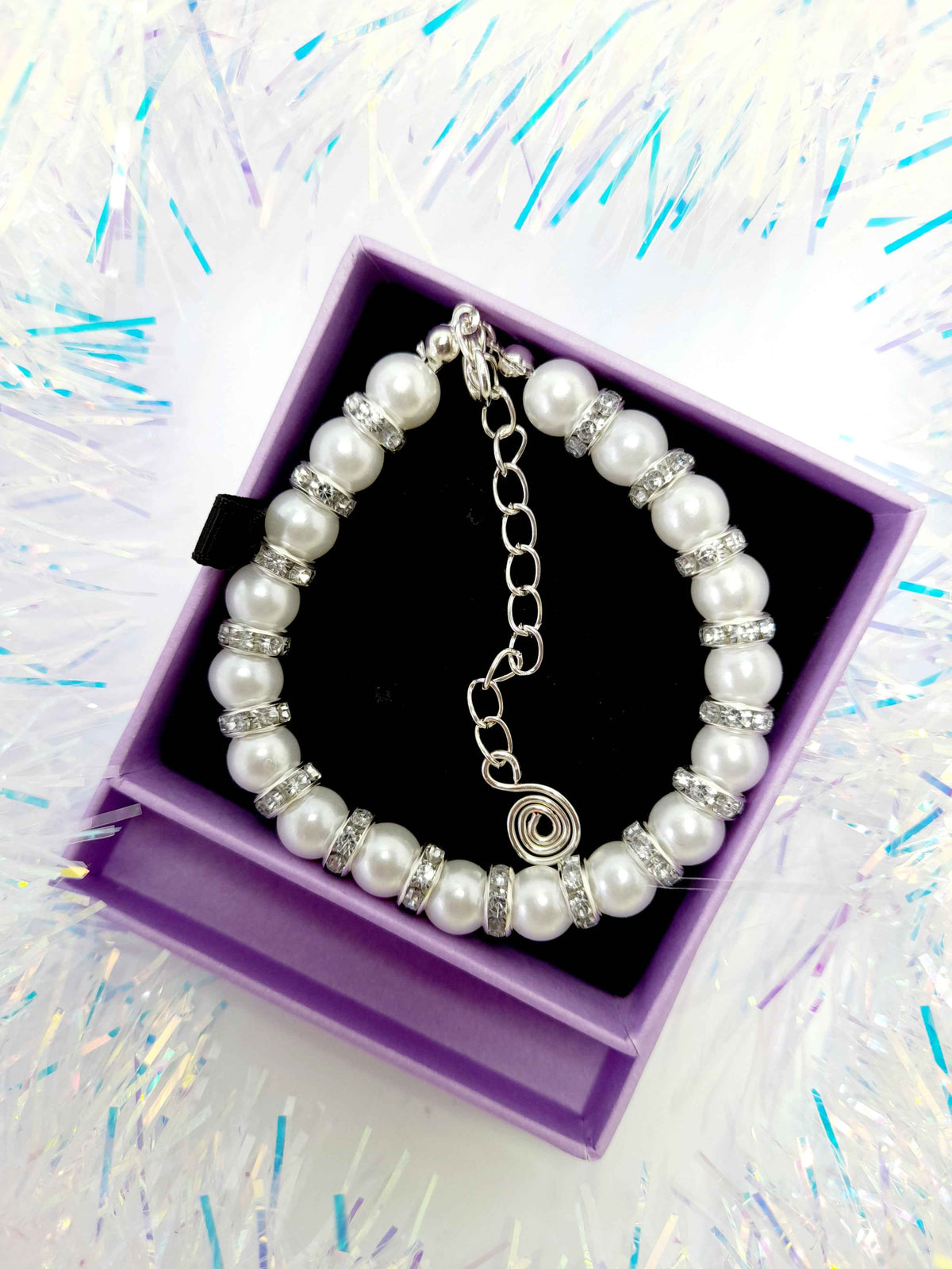 White Pearl and Silver Rhinestone Christmas Bracelet