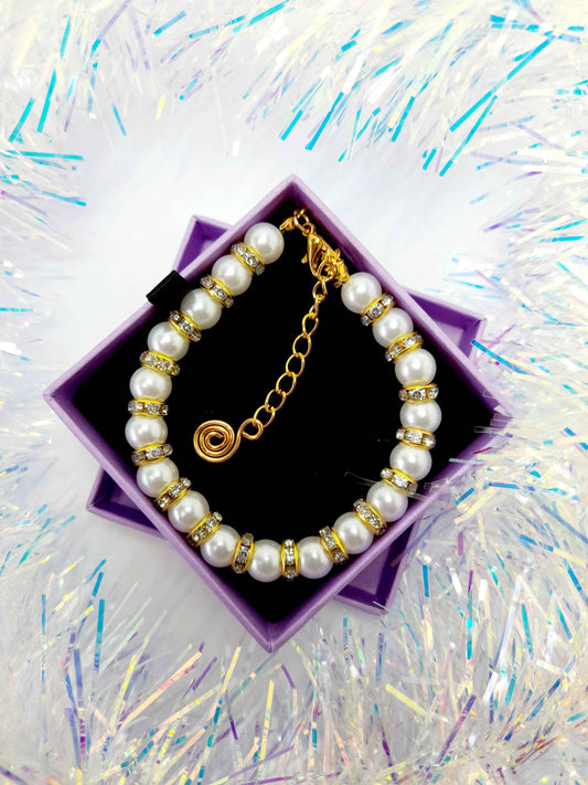 White Pearl and Gold Rhinestone Christmas Bracelet