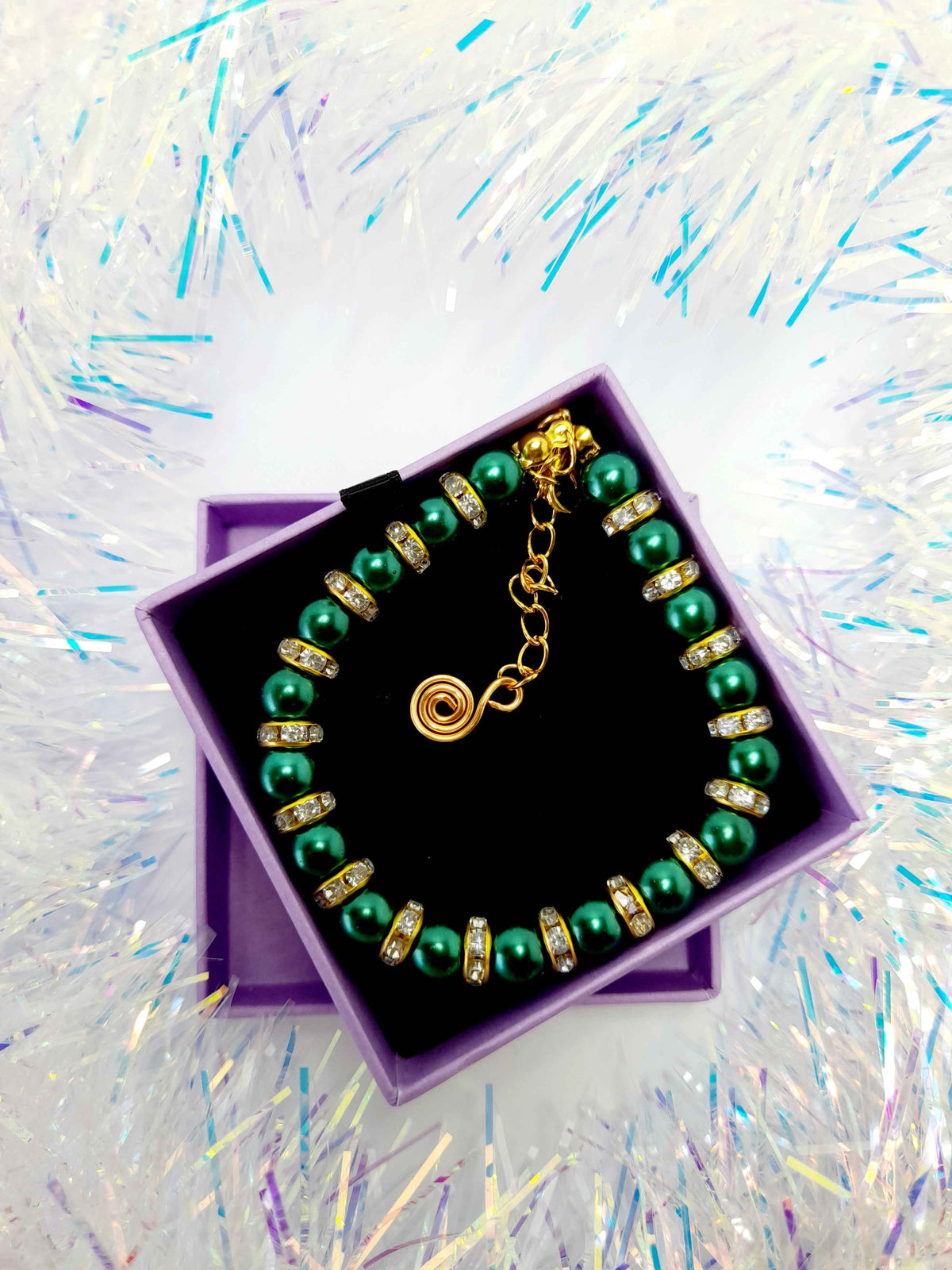 Green Pearl and Gold Rhinestone Christmas Bracelet