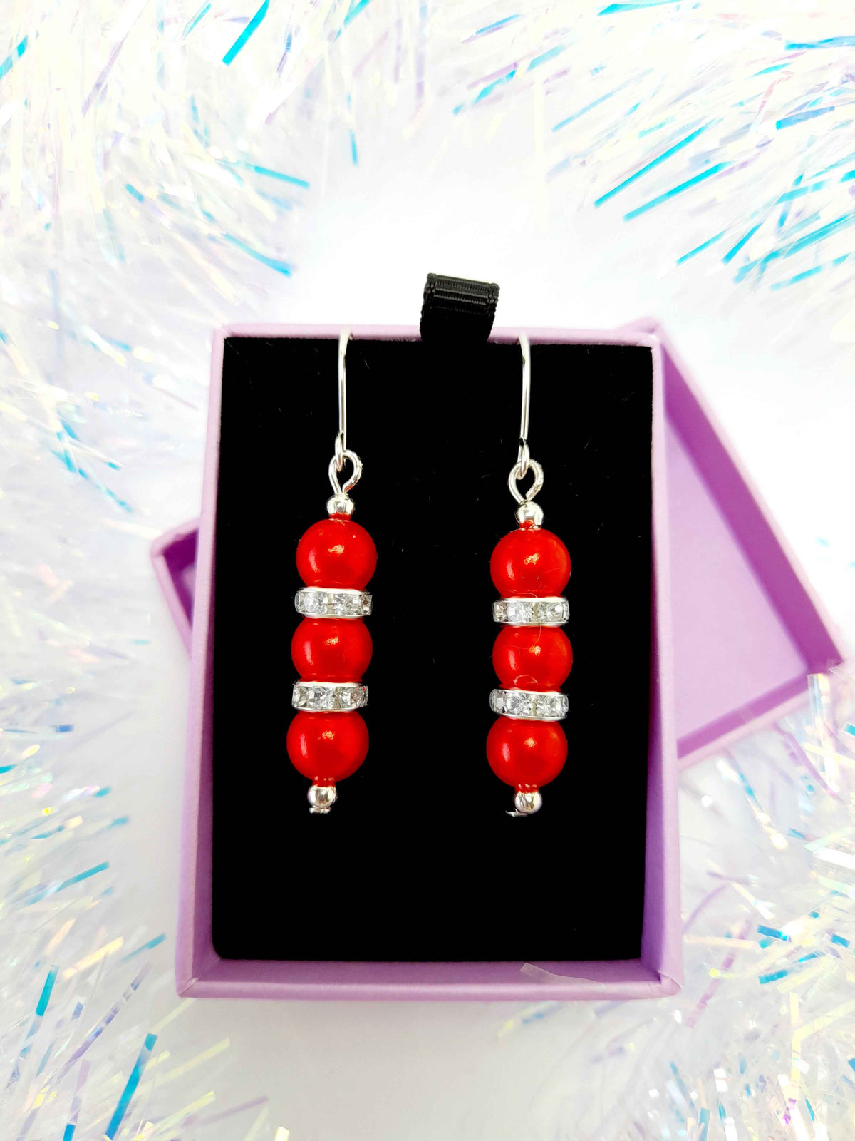Red Pearl and Silver Rhinestone Christmas Drop Earrings