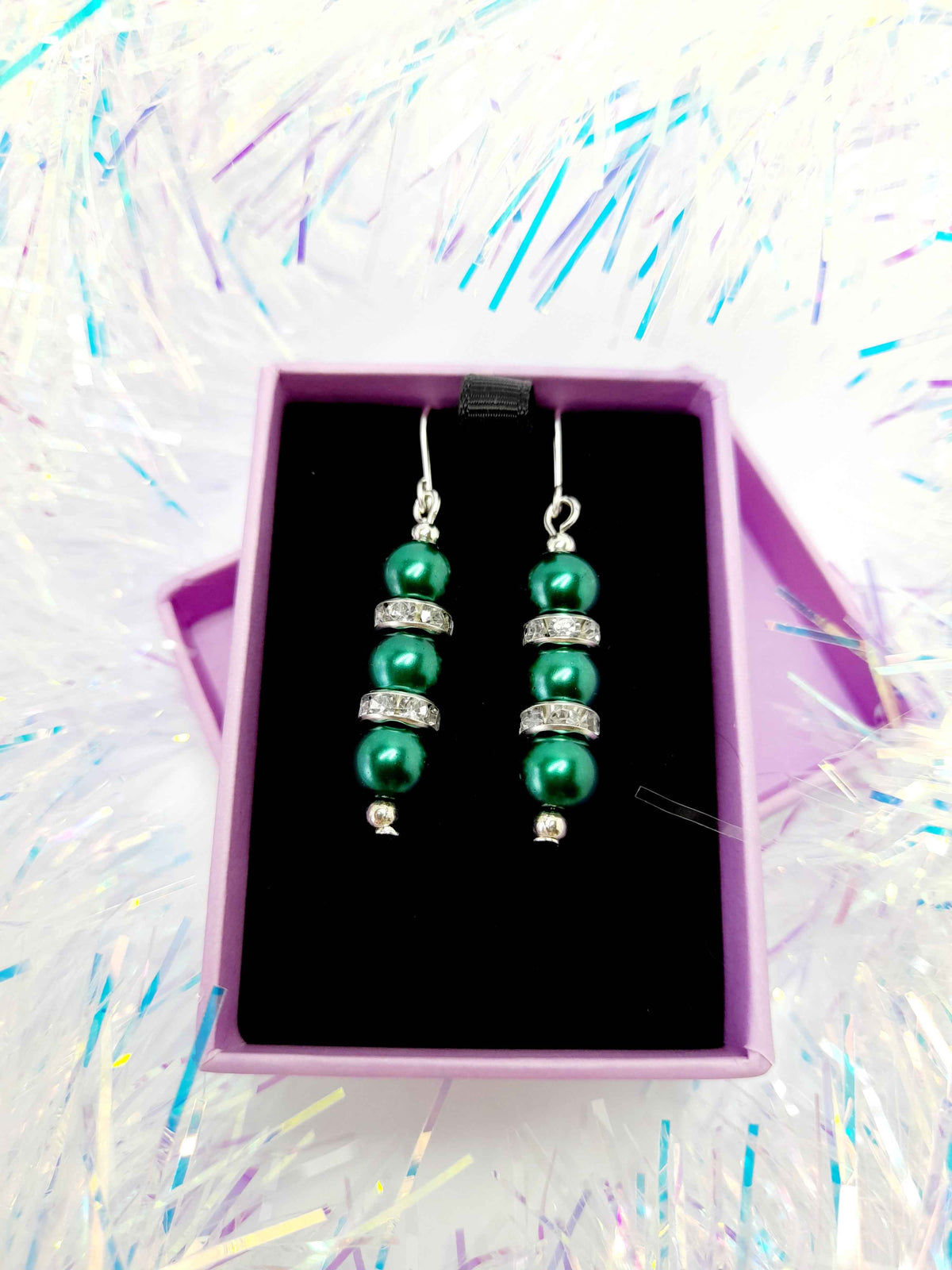 Green Pearl and Silver Rhinestone Christmas Drop Earrings