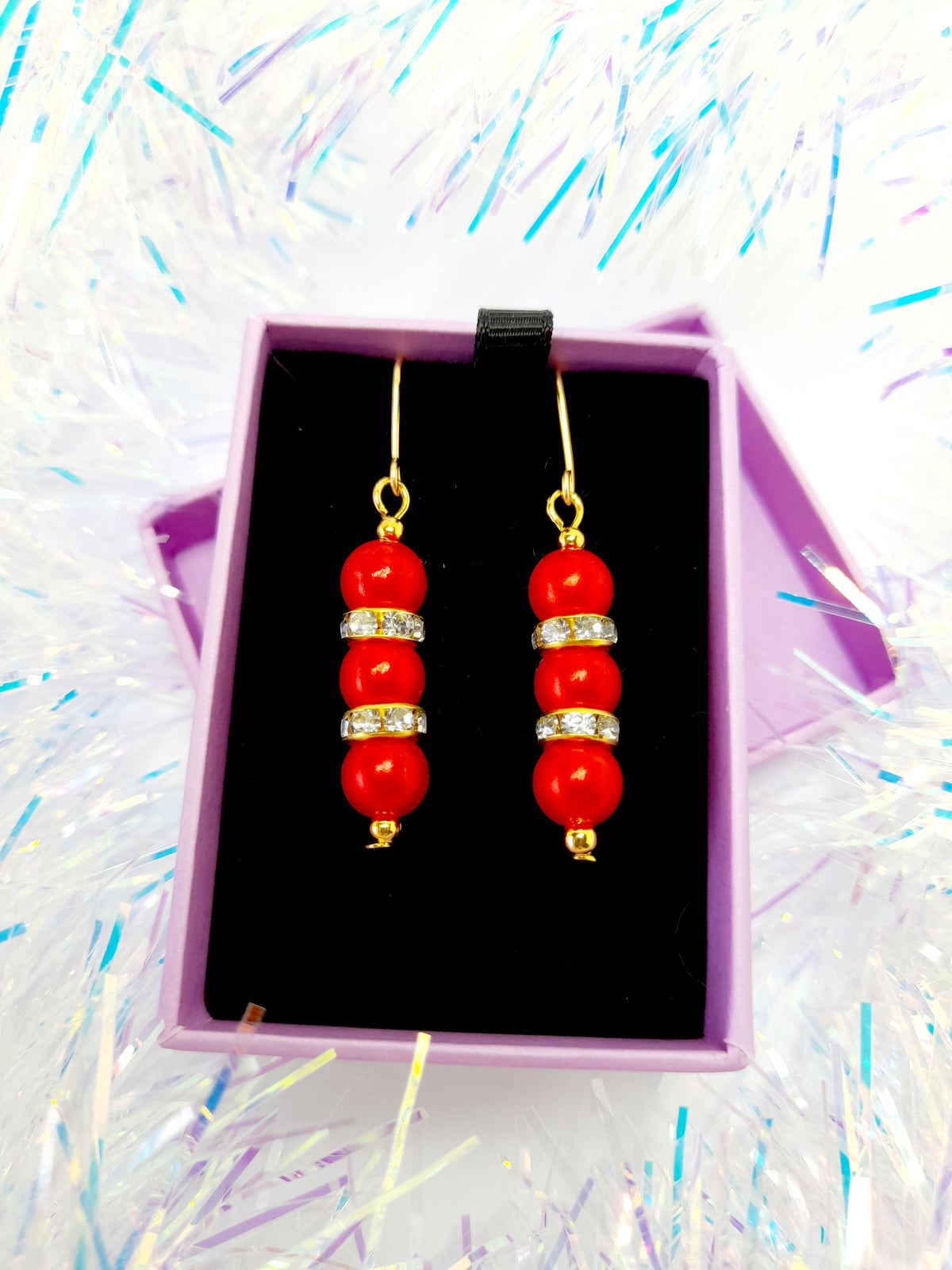 Red Pearl and Gold Rhinestone Christmas Drop Earrings - Just My Jewellery Shop