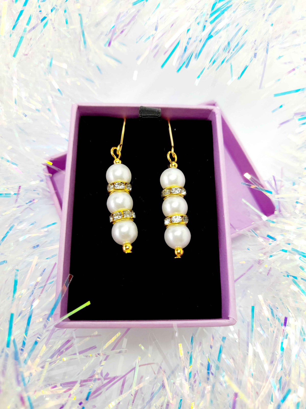 White Pearl and Gold Rhinestone Christmas Drop Earrings