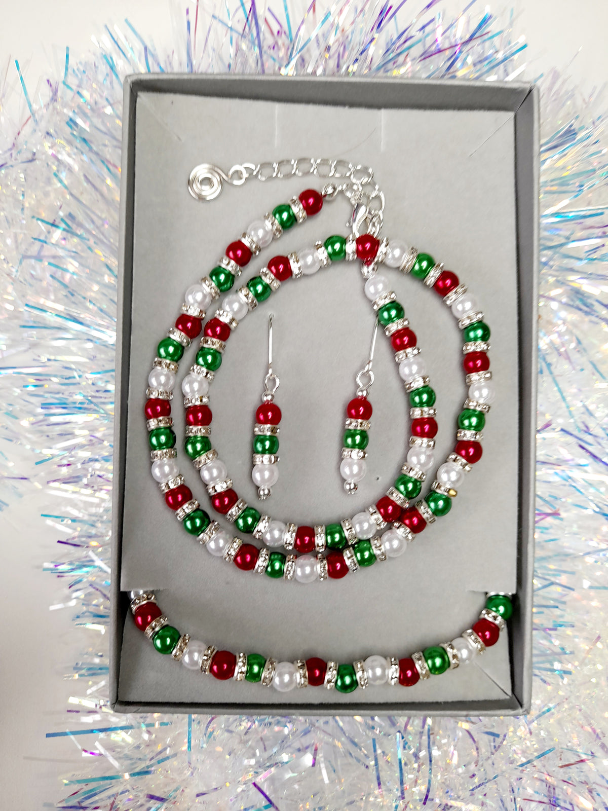 Christmas Pearl Bead Jewellery Set in Red White and Green with Rhinestone Spacers - Just My Jewellery Shop