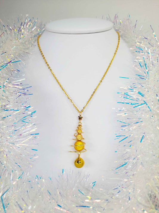 Gold Miracle Bead Christmas Tree Necklace with Gold Jingle Bell