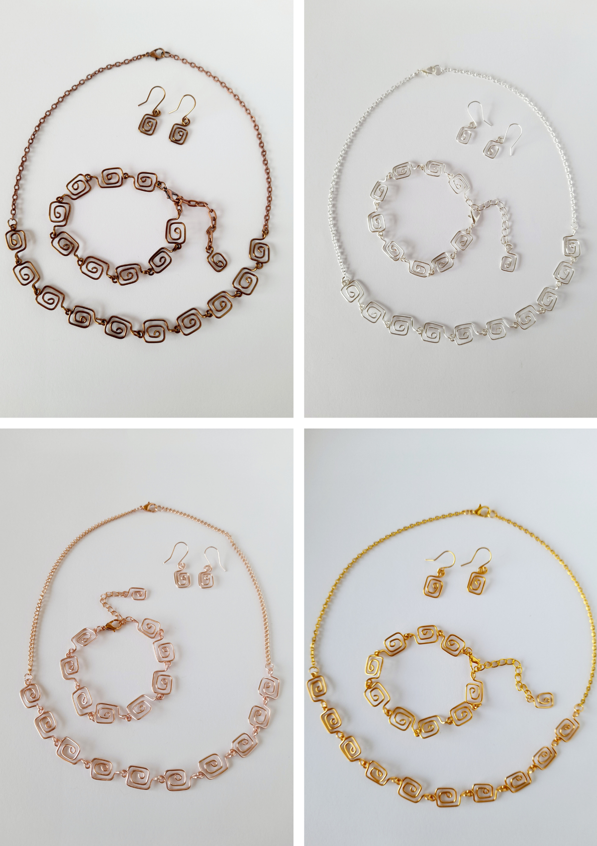Complete 3-Piece Handcrafted Dainty Square Spiral Jewellery Set