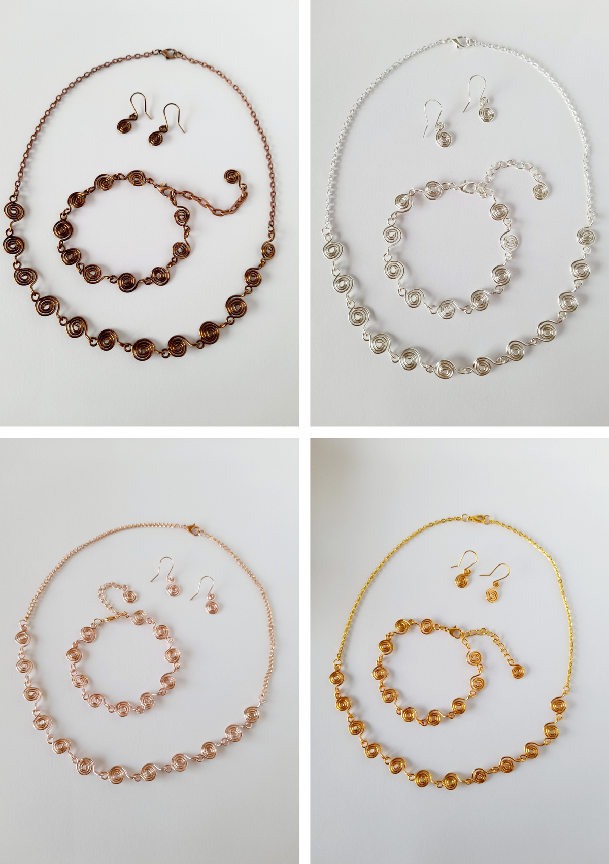 Complete 3-Piece Handcrafted Dainty Spiral Jewellery Set (Choice of  4 Wire Finishes)